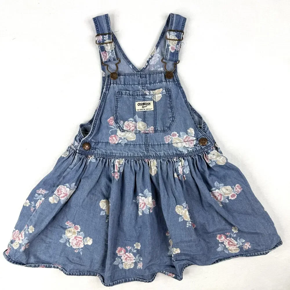 OshKosh B'gosh Overall Dress Vintage Floral Girls 4T Vestbak Blue Denim Jumper